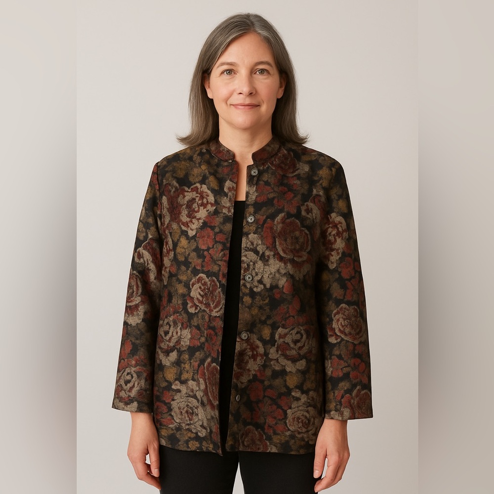 Chico’s Women’s Long Floral Brocade Mandarin Collar Beaded Jacket Size 1 Medium